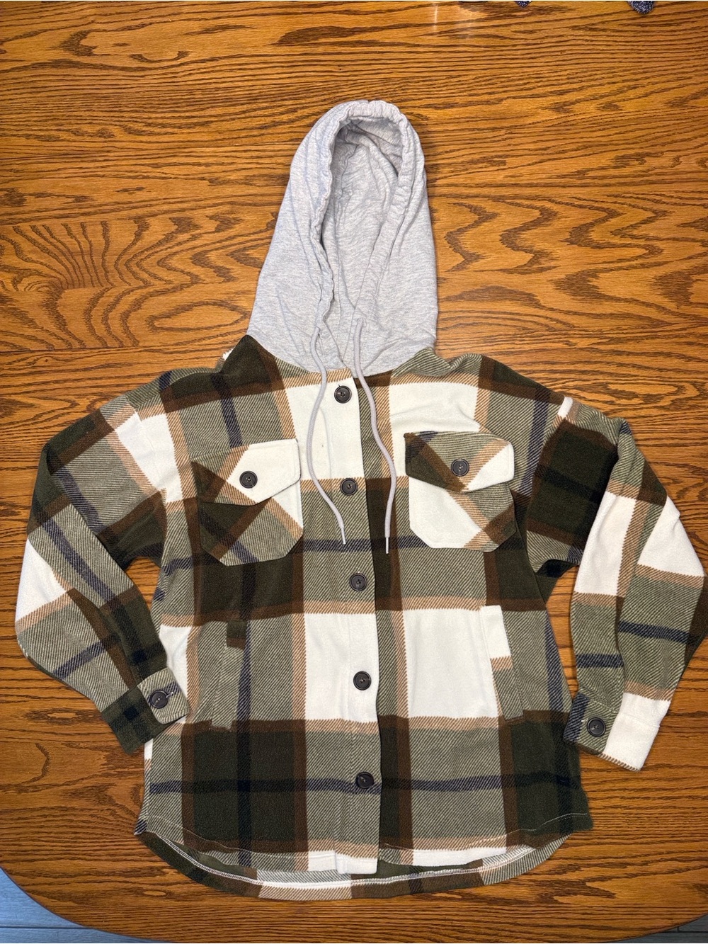 Zenana Plaid Hooded Shacket in Olive, Brown, Cream, Gray
